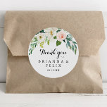 Simple Floral Green Thank You Wedding Favor Classic Round Sticker<br><div class="desc">This simple floral green thank you wedding favor classic round sticker is perfect for a tropical wedding. The design features lovely white, pink, and blush hand-painted roses embedded in green foliage, inspiring artistic beauty. Make the sticker labels your own by including your names, the event (if applicable), and the date....</div>
