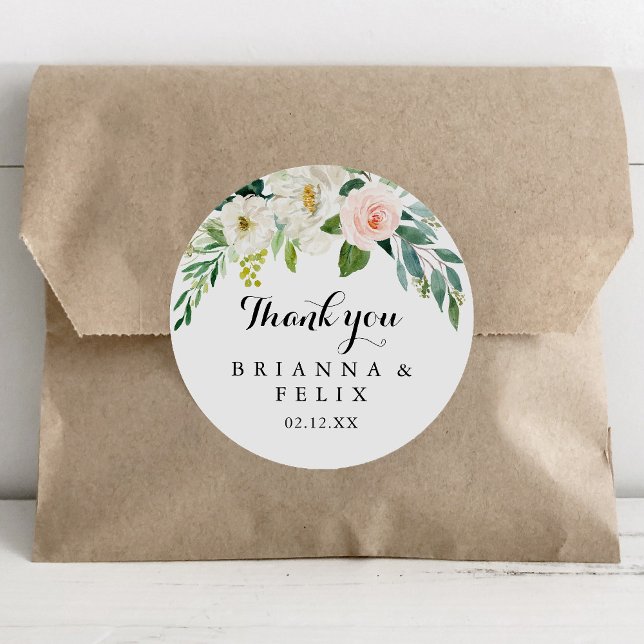 Simple Floral Green Thank You Wedding Favor Classic Round Sticker (Creator Uploaded)