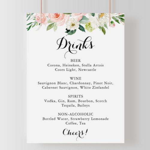 Simple Floral Green Wedding Drinks Menu Sign
