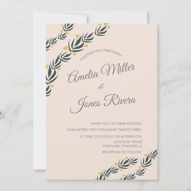 Simple Floral Greenery Yellow Flower Wedding  Invitation (Front)