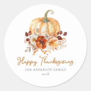 Simple Floral Happy Thanksgiving Classic Round Sticker