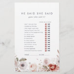 Simple Floral He Said She Said Game Flyer<br><div class="desc">This simple floral "he said she said" game is perfect for a rustic wedding shower. The whimsical boho design features rustic blush pink,  burgundy and marsala flowers with a moody and romantic tone.</div>