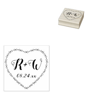 Simple Floral Heart Wreath Rustic Wedding Monogram Rubber Stamp