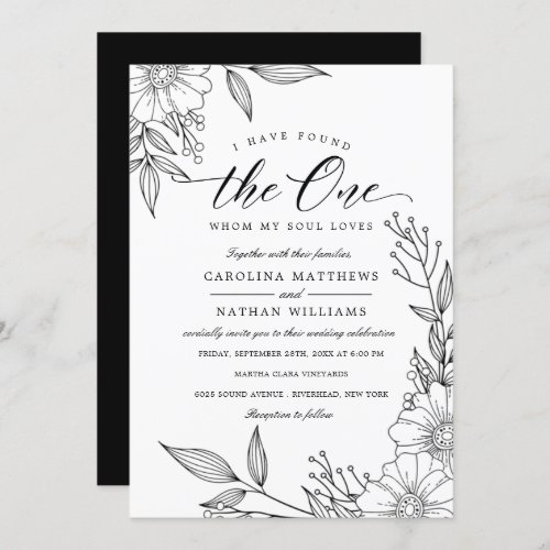 Simple Floral I Have Found The One  Black Wedding Invitation