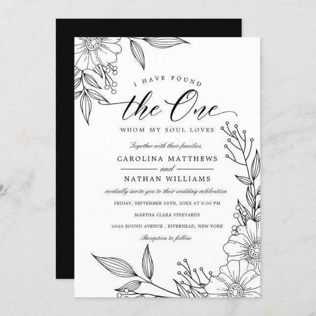 Simple Floral I Have Found The One | Black Wedding Invitation (Front/Back)