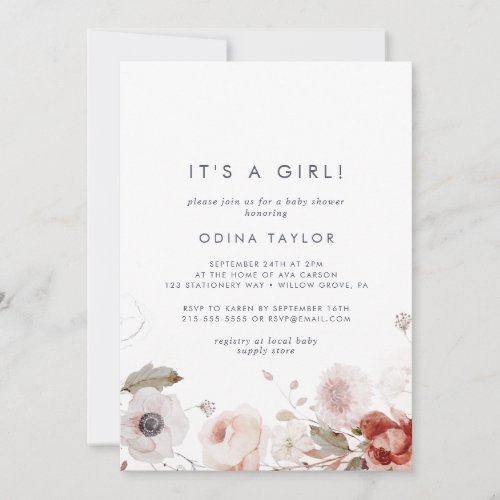 Simple Floral Its A Girl Baby Shower Invitation