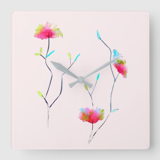 Simple floral Japanese inspired pink abstract Square Wall Clock (Front)