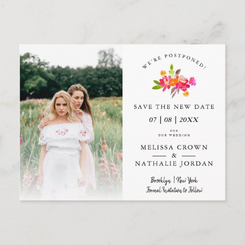 Simple Floral LGTB Engaged Couple Change Date Postcard