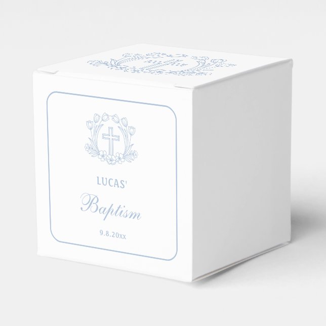 Simple Floral Light Blue Cross Baptism Cube Favor Boxes (Front Side)