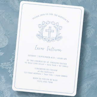 Simple Floral Light Blue Cross Baptism Invitation