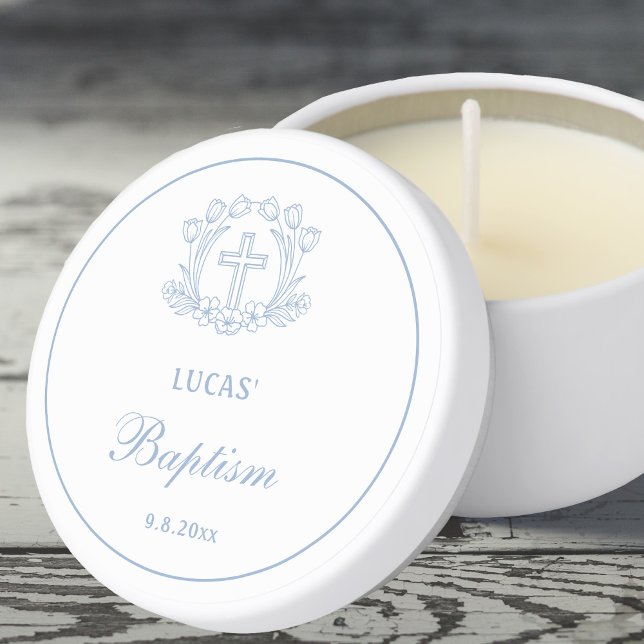 Simple Floral Light Blue Cross Baptism Mini Candle Favors (Creator Uploaded)