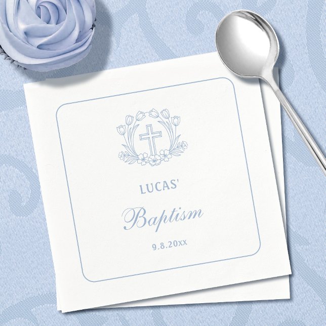 Simple Floral Light Blue Cross Baptism Napkins (Creator Uploaded)