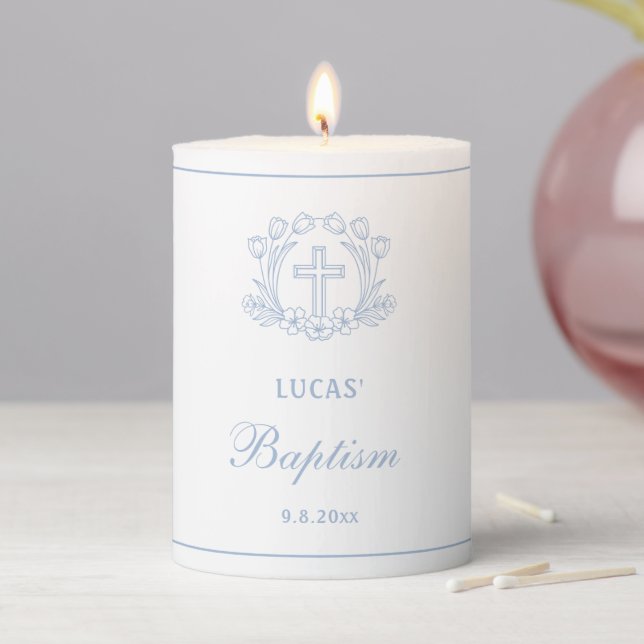 Simple Floral Light Blue Cross Baptism Small Pillar Candle (In Situ)