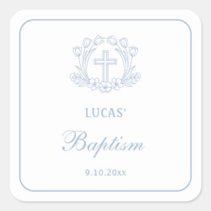 Simple Floral Light Blue Cross Baptism Square Sticker
