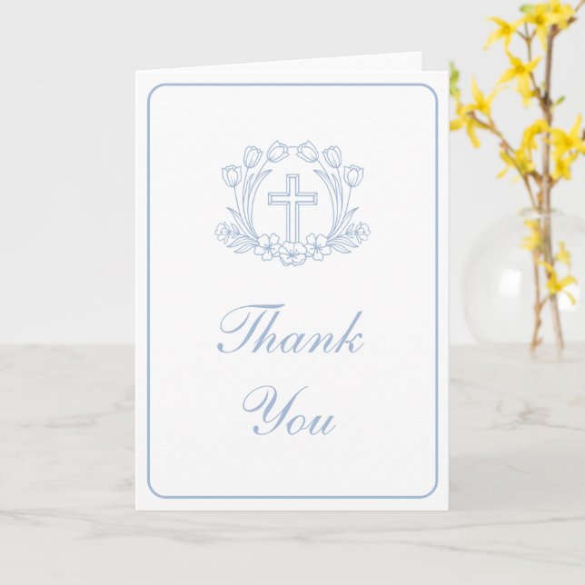 Simple Floral Light Blue Cross Religious Thank You Card (Yellow Flower)
