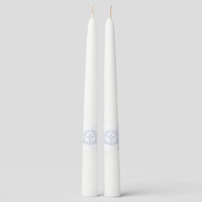 Simple Floral Light Blue Holy Cross Taper Candle (Front)