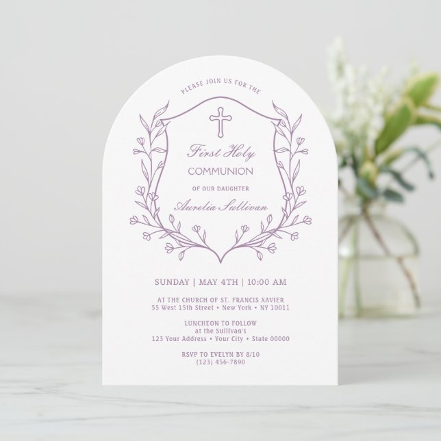 Simple Floral Lilac Crest First Holy Communion Invitation (Standing Front)