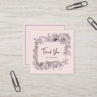 Simple Floral Line Art Gray Pink QRCode Thank You Square Business Card