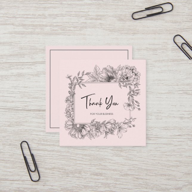 Simple Floral Line Art Gray Pink QRCode Thank You Square Business Card (Front/Back In Situ)
