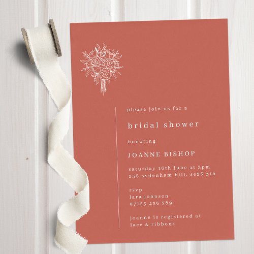 Simple Floral Line Art Terracotta Bridal Shower Invitation