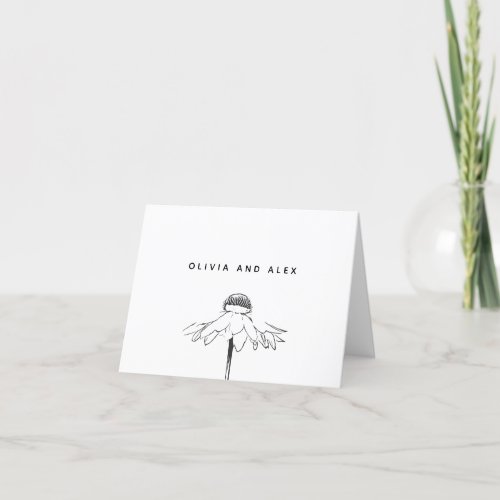 Simple Floral Line Drawing Black White Wedding Thank You Card