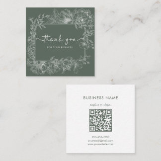 Simple Floral Line Muted Green QR Code Thank You Square Business Card