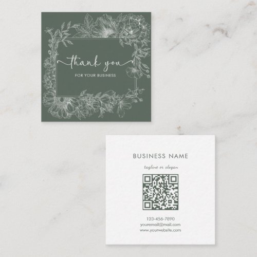 Simple Floral Line Muted Green QR Code Thank You Square Business Card