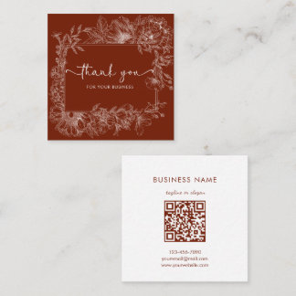 Simple Floral Line Terracotta QR Code Thank You Square Business Card