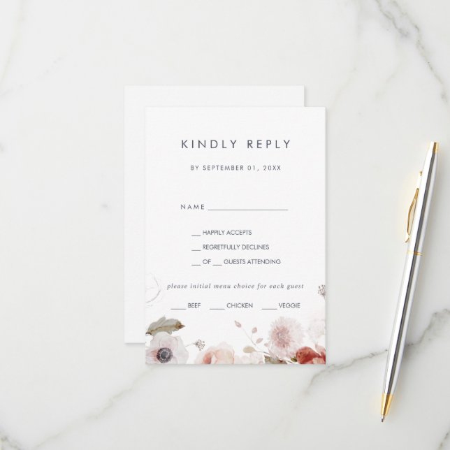 Simple Floral Menu Choice RSVP Card (Front/Back In Situ)