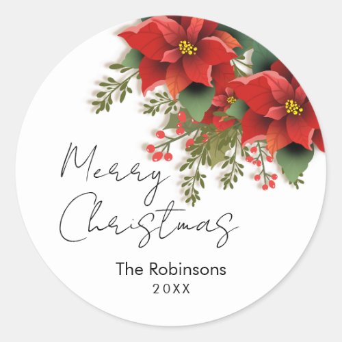 Simple Floral Merry Christmas Holiday Poinsettia  Classic Round Sticker