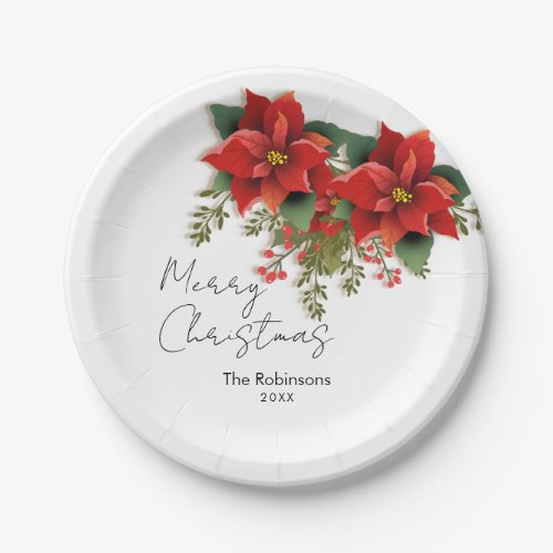 Simple Floral Merry Christmas Holiday Poinsettia  Paper Plates