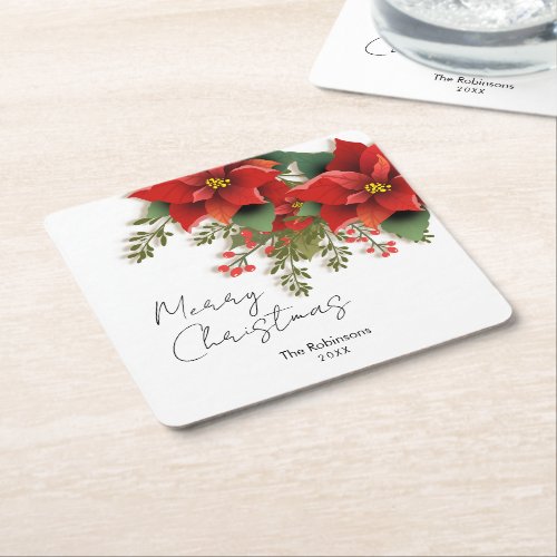 Simple Floral Merry Christmas Holiday Poinsettia  Square Paper Coaster