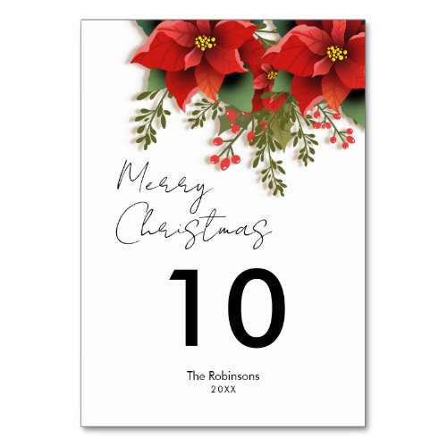 Simple Floral Merry Christmas Holiday Poinsettia  Table Number