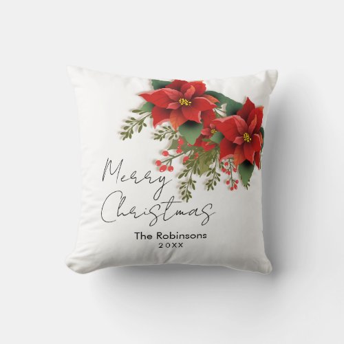 Simple Floral Merry Christmas Holiday Poinsettia  Throw Pillow