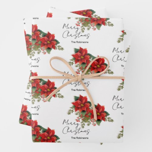 Simple Floral Merry Christmas Holiday Poinsettia  Wrapping Paper Sheets