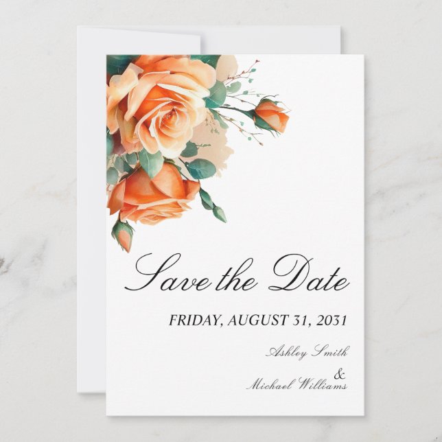Simple Floral Minimalist Fall Orange Wedding Save The Date (Front)