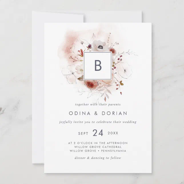 Simple Floral Monogram Wedding Invitation | Zazzle