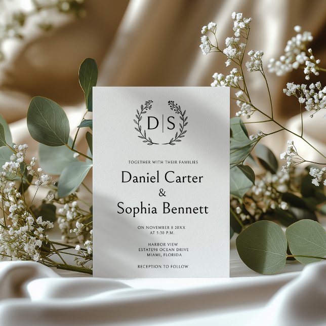 Simple Floral Monogram Wreath Initials Wedding Invitation (Creator Uploaded)