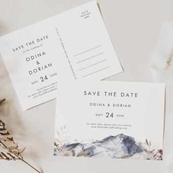 Simple Floral Mountain Horizontal Save The Date Invitation Postcard by FreshAndYummy at Zazzle