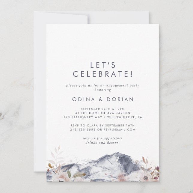 Simple Floral Mountain Let's Celebrate Invitation (Front)