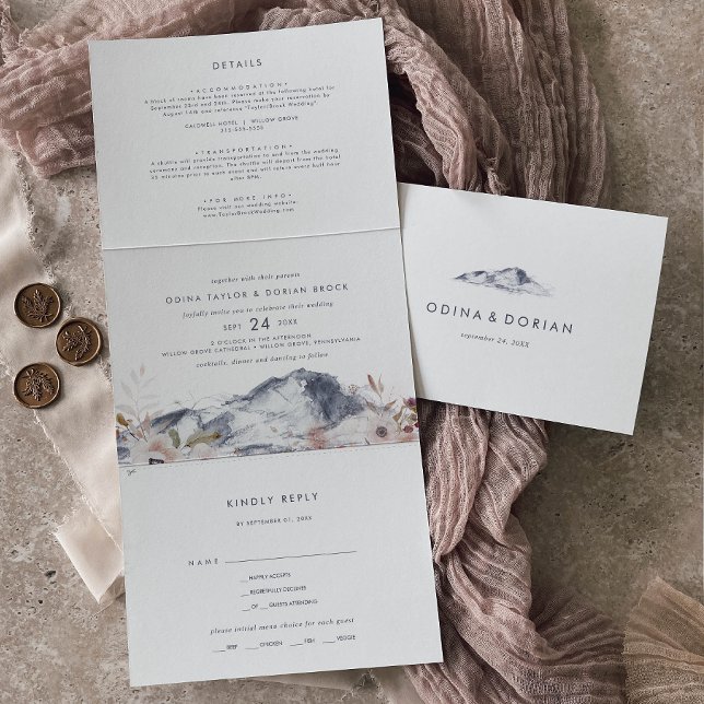 Simple Floral Mountain Photo Wedding All In One Tri-Fold Invitation (Creator Uploaded)