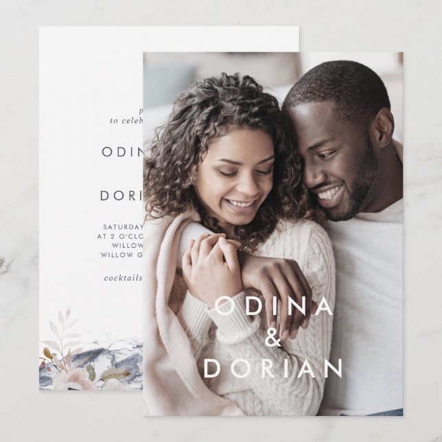 Simple Floral Mountain Photo Wedding Invitation (Front/Back)