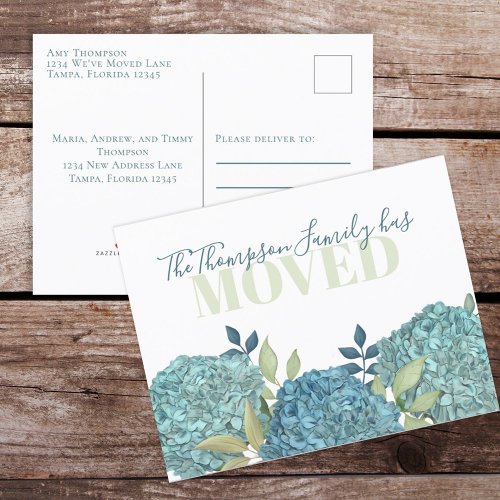 Simple Floral Moving Watercolor Blue Hydrangea  Announcement Postcard