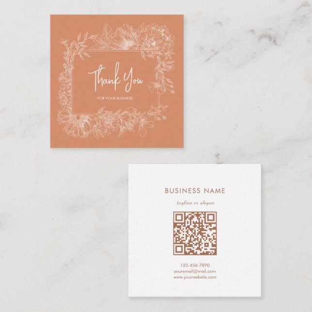 Simple Floral Natural Terracotta QR Code Thank You Square Business Card (Front/Back)