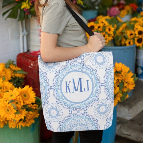 Simple Floral Navy Blue Monogram Mandala Pattern Tote Bag