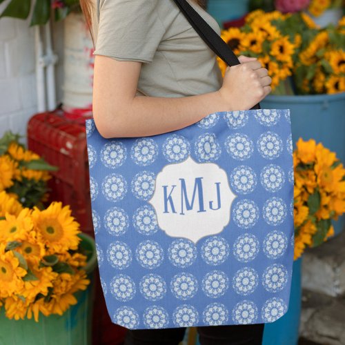 Simple Floral Navy Blue Monogram Mandala Pattern Tote Bag