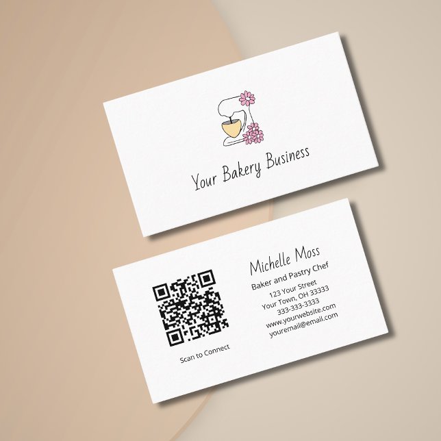 Simple Floral Pastry Chef Cake Mixer QR code  Business Card (Creator Uploaded)