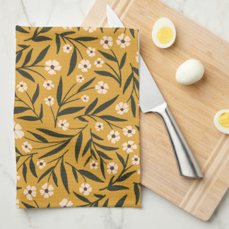 Simple Floral Pattern in Mustard Yellow and Green Kitchen Towel