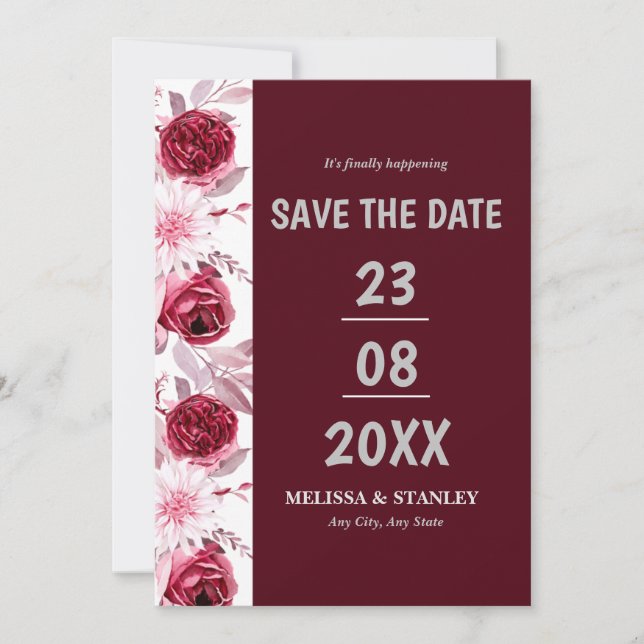 Simple Floral Pink Burgundy Script Save the Date (Front)