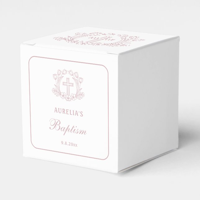 Simple Floral Pink Cross Baptism Cube Favor Boxes (Front Side)